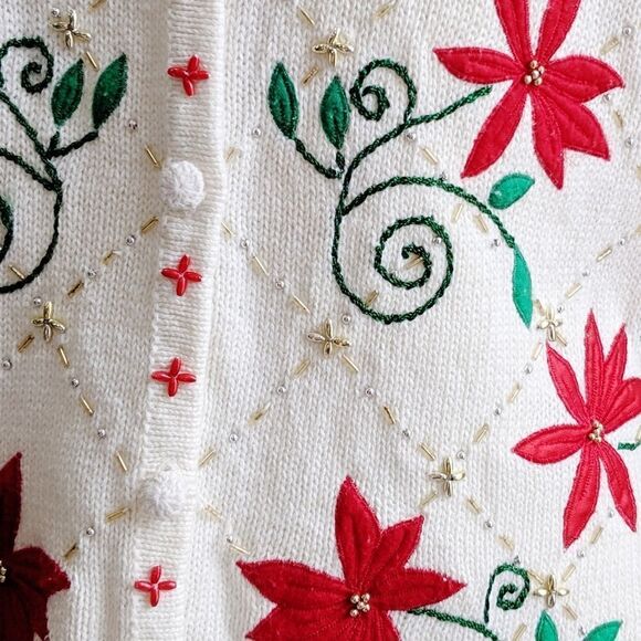 Ugly Christmas Beaded Embroidered Holiday Poinsettia Cardigan Size LP - Picture 5 of 8